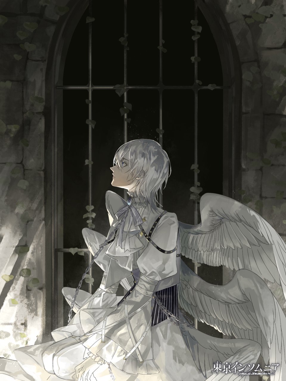 1boy alpaca_connect angel_wings ascot bars blue_eyes blue_gemstone brooch chain chain_leash closed_mouth copyright_name feathered_wings feet_out_of_frame frilled_shirt_collar frilled_sleeves frills from_side gem grey_vest hair_between_eyes highres indoors iron_bars jewelry juliet_sleeves kao_o0 leaf leash long_sleeves looking_up male_focus medium_hair multiple_wings neck_ribbon pants plant prison_cell profile puffy_sleeves purple_ribbon ribbon seiza shirt sitting solo stone_wall striped_ribbon sunlight thigh_strap vest vines white_ascot white_hair white_pants white_shirt white_wings wide_sleeves wings