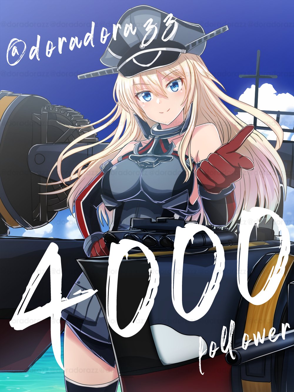 1girl anchor_ornament bare_shoulders bismarck_(kancolle) black_thighhighs blonde_hair blue_eyes blue_sky breasts clouds cowboy_shot detached_sleeves gloves grey_headwear hat headgear highres kantai_collection large_breasts long_hair looking_at_viewer machinery milestone_celebration military_hat military_uniform peaked_cap red_gloves roko_roko_(doradorazz) sky solo thigh-highs twitter_username uniform