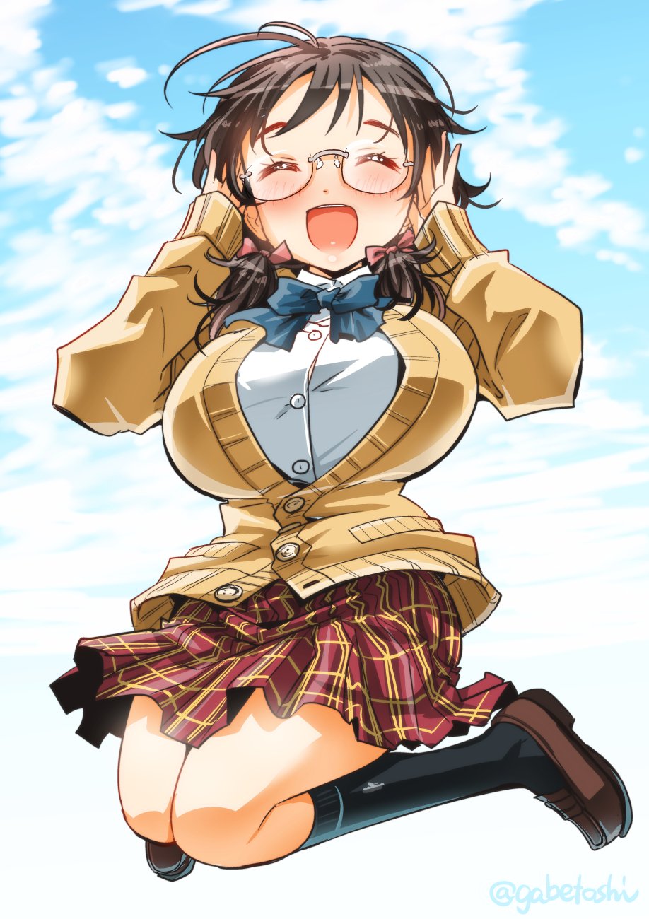1girl asano_fuka black_hair black_socks blue_bow blue_bowtie blue_sky blush bow bowtie breasts brown_cardigan cardigan closed_eyes clouds day dot_nose full_body glasses hair_bow hair_ribbon hands_on_own_face hands_up highres idolmaster idolmaster_cinderella_girls idolmaster_cinderella_girls_starlight_stage jumping large_breasts loafers long_sleeves low_twintails open_mouth pink_ribbon plaid plaid_skirt pleated_skirt red_skirt ribbon school_uniform shirt shoes short_hair skirt sky smile socks sogabe_toshinori solo twintails twitter_username white_shirt