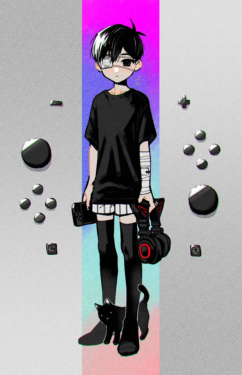 1boy antenna_hair arms_at_sides bandaged_arm bandages black_cat black_eyes black_hair black_shirt black_thighhighs cat child collarbone commentary_request expressionless eyepatch film_grain full_body grey_background handheld_game_console headphones highres holding holding_handheld_game_console holding_headphones looking_at_viewer male_focus medical_eyepatch nintendo_switch no_shoes omori one_eye_covered push-button shirt short_hair short_sleeves shorts simple_background solo standing straight-on striped_clothes striped_shorts sunny_(omori) t-shirt thigh-highs toastytoast unworn_headphones white_shorts