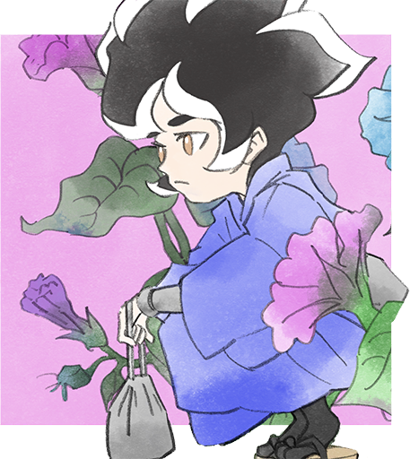1boy bag black_hair flower from_side holding holding_bag leaf multicolored_hair official_art purple_background serious squatting takeuchi_kou third-party_source two-tone_hair warioware warioware:_get_it_together! young_cricket