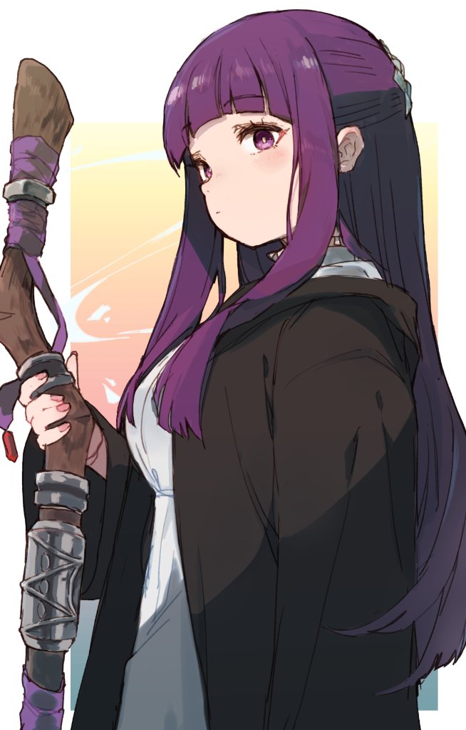 1girl black_coat blunt_bangs blush breasts closed_mouth coat dress fern_(sousou_no_frieren) from_side holding holding_staff jamir large_breasts long_hair long_sleeves purple_hair solo sousou_no_frieren staff violet_eyes white_dress