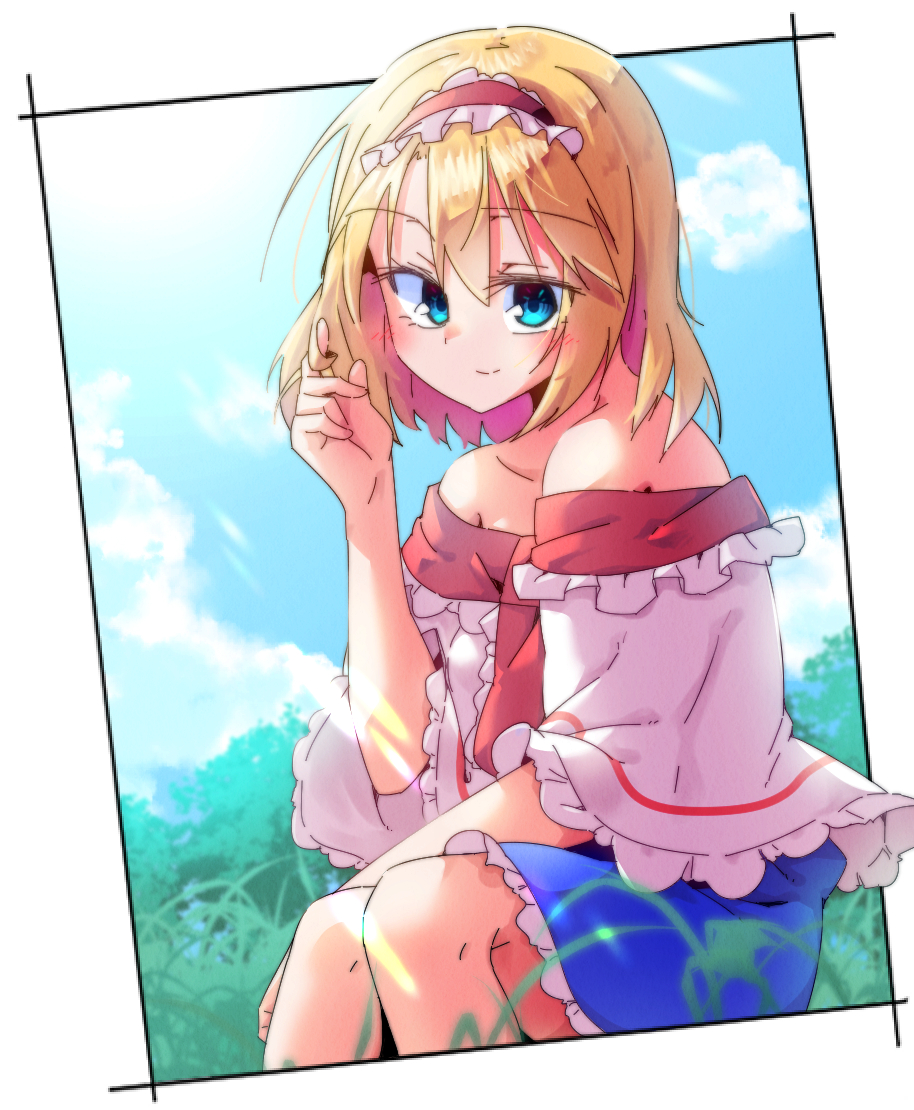 1girl alice_margatroid blonde_hair blue_dress blue_eyes blue_sky capelet closed_mouth clouds day dondyuruma dress frilled_hairband frills hairband hand_in_own_hair lolita_hairband looking_at_viewer medium_hair off_shoulder red_hairband sitting sky smile solo touhou white_capelet