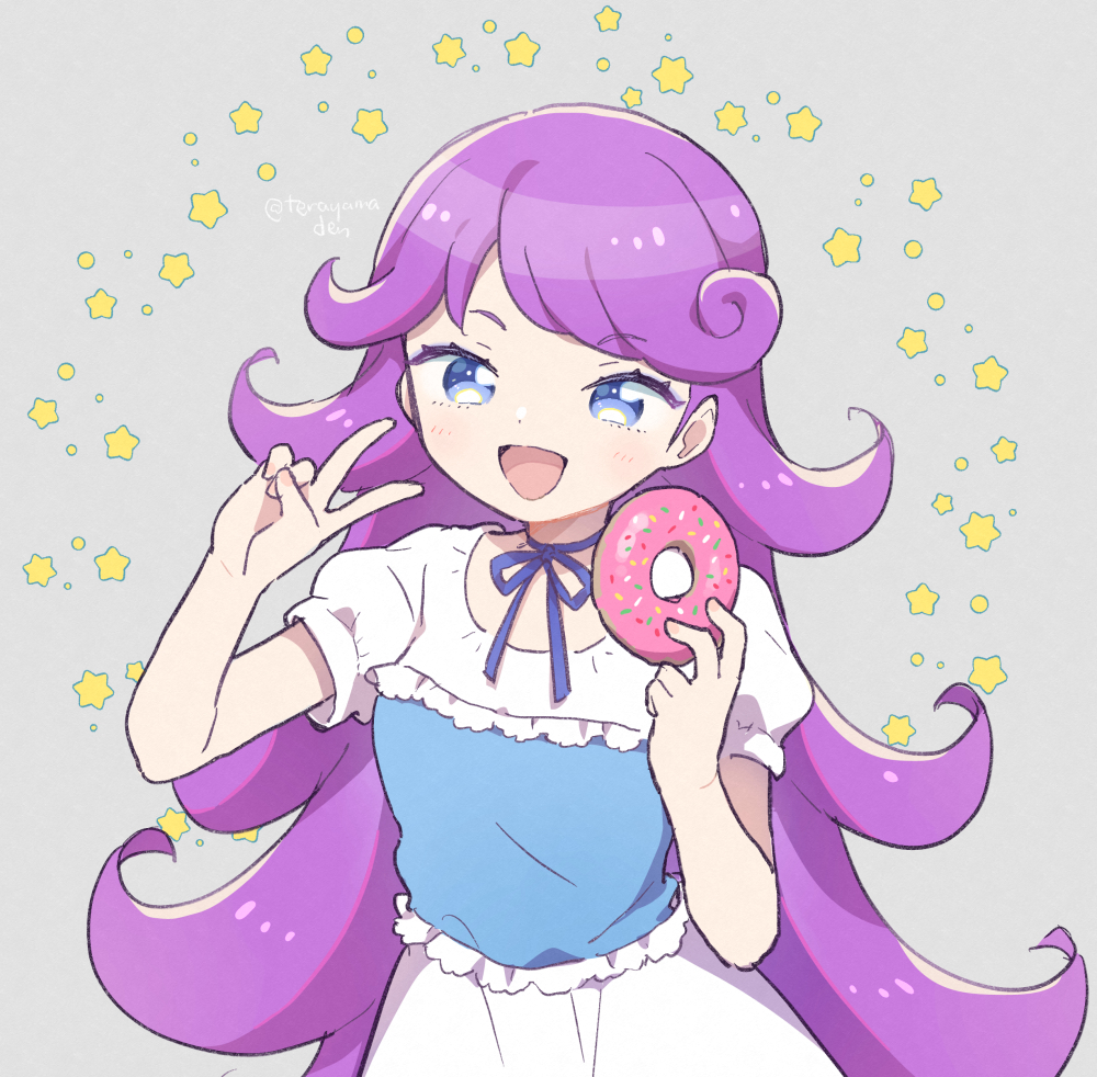 1girl :d blue_eyes blue_ribbon commentary_request cowboy_shot doughnut dress flipped_hair food grey_background hands_up holding holding_food kiratto_pri_chan long_hair looking_at_viewer neck_ribbon open_mouth pretty_series purple_hair ribbon shido_mel smile solo standing starry_background terayamaden v very_long_hair white_dress