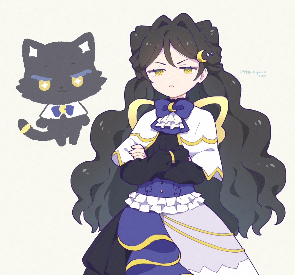 +_+ 1girl black_cat black_hair black_shirt capelet cat center_frills closed_mouth commentary_request cowboy_shot crescent crescent_hair_ornament crossed_arms frills glaring grey_background hair_intakes hair_ornament half-closed_eyes kiratto_pri_chan long_hair long_sleeves looking_at_viewer luluna_(pri_chan) pretty_series shirt simple_background skirt standing terayamaden very_long_hair wavy_hair white_capelet yellow_eyes
