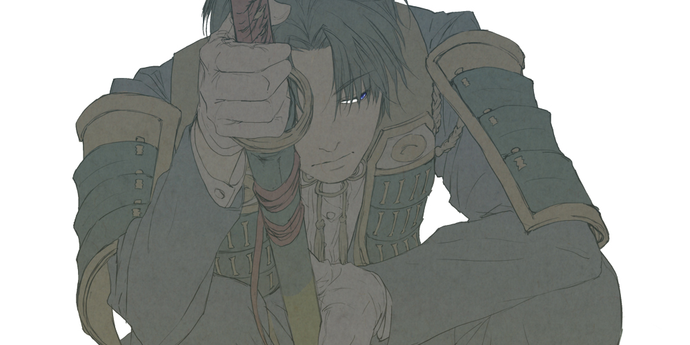 1boy armor blue_eyes closed_mouth drawing_sword heshikiri_hasebe holding holding_sword holding_weapon long_sleeves looking_to_the_side male_focus military_uniform muted_color ngy09 one_eye_covered short_hair shoulder_armor simple_background solo sword tassel touken_ranbu uniform weapon white_background