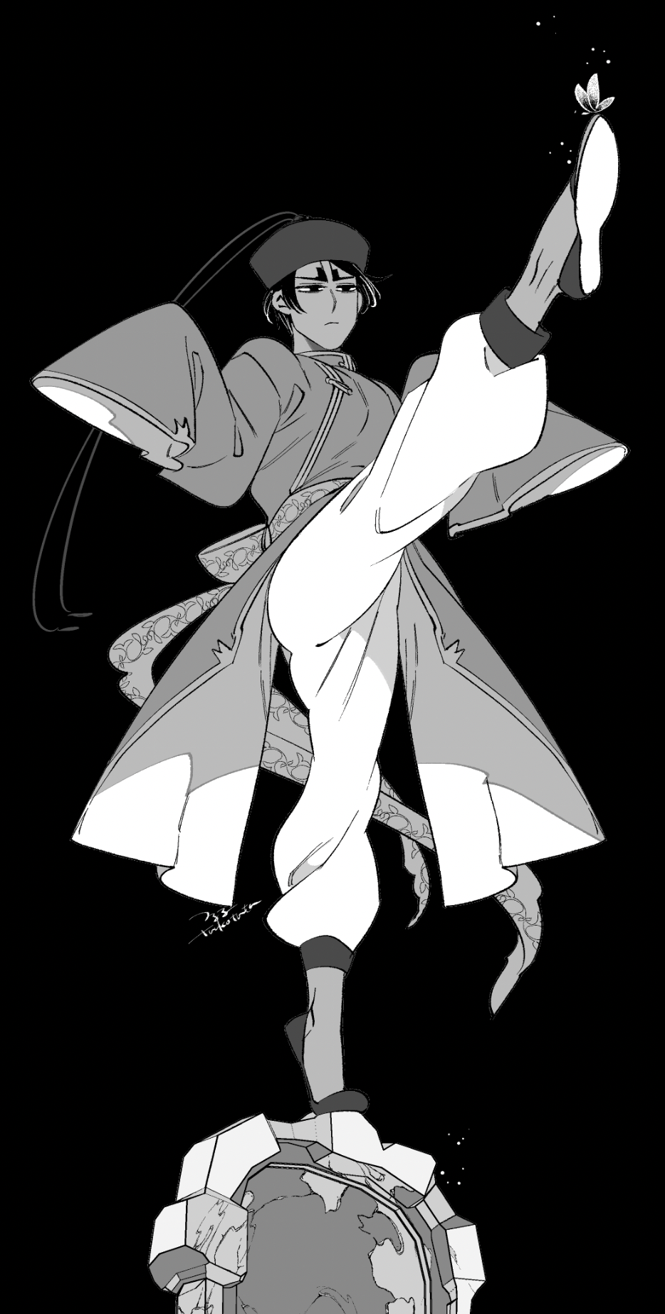 1boy artist_name baggy_pants black_background bug butterfly chinese_clothes closed_mouth dark-skinned_male dark_skin full_body golden_kamuy greyscale hands_up hat highres jiangshi_costume koito_otonoshin leg_up long_sleeves looking_at_viewer male_focus mandarin_collar monochrome pants qingdai_guanmao short_hair signature simple_background sleeves_past_fingers sleeves_past_wrists solo standing standing_on_one_leg tombstone tsuruko_turuta wide_sleeves