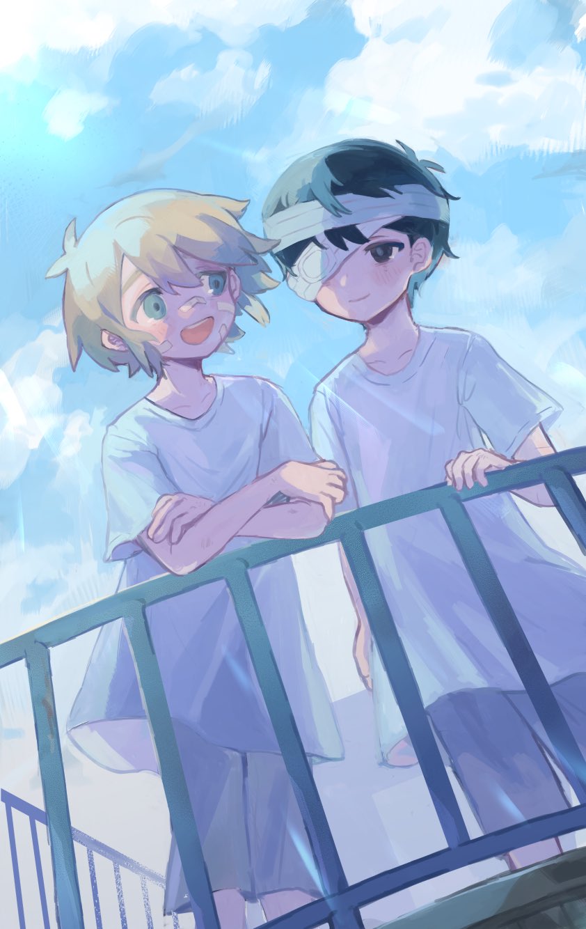 2boys :d bandage_over_one_eye bandaged_head bandages bandaid bandaid_on_cheek bandaid_on_face bandaid_on_nose basil_(omori) black_eyes black_hair blonde_hair blue_eyes blue_sky bonsk225 child clouds crossed_arms day dutch_angle eye_contact feet_out_of_frame grey_shorts highres looking_at_another male_focus multiple_boys omori on_rooftop one_eye_covered open_mouth railing shirt short_hair short_sleeves shorts sky smile standing sunny_(omori) white_shirt