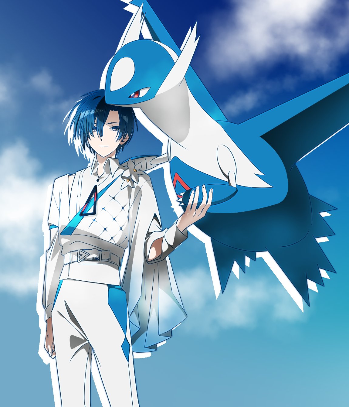 1boy alternate_costume belt blue_eyes blue_hair blue_sky claws clouds cloudy_sky commentary_request crossover day drop_shadow floating flower hand_up head_on_head head_rest high_collar highres kaito_(vocaloid) kei10_gohan latios layered_sleeves light_smile long_sleeves male_focus outdoors pants pokemon pokemon_(creature) red_eyes shirt short_hair sky standing triangle upper_body vocaloid white_belt white_flower white_pants white_shirt