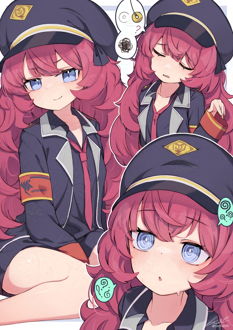 1girl @_@ black_coat black_headwear black_shirt blue_archive blue_eyes closed_eyes closed_mouth coat collared_shirt hat iroha_(blue_archive) long_hair long_sleeves looking_at_viewer multiple_views necktie open_clothes open_coat open_mouth parted_lips peaked_cap red_necktie redhead saebashi shirt signature smile tagme twitter_username