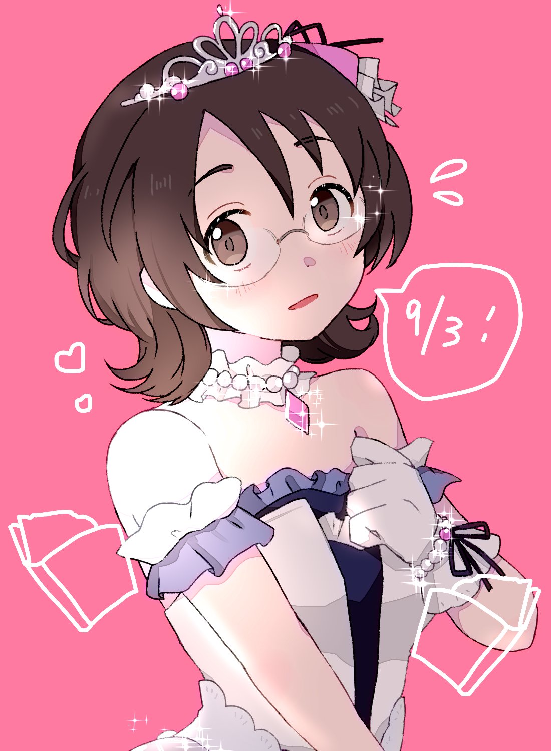 1girl arm_garter asano_fuka bare_shoulders blush book bracelet breasts brown_eyes brown_hair clenched_hand dot_nose dress flying_sweatdrops frilled_dress frills glasses glint gloves hand_up heart highres idolmaster idolmaster_cinderella_girls idolmaster_cinderella_girls_starlight_stage jewelry koromo_(coume_18) large_breasts looking_at_viewer parted_lips pearl_bracelet pearl_choker pink_background short_hair simple_background solo sparkle speech_bubble starry_sky_bright_(idolmaster) strapless strapless_dress tiara white_dress white_gloves