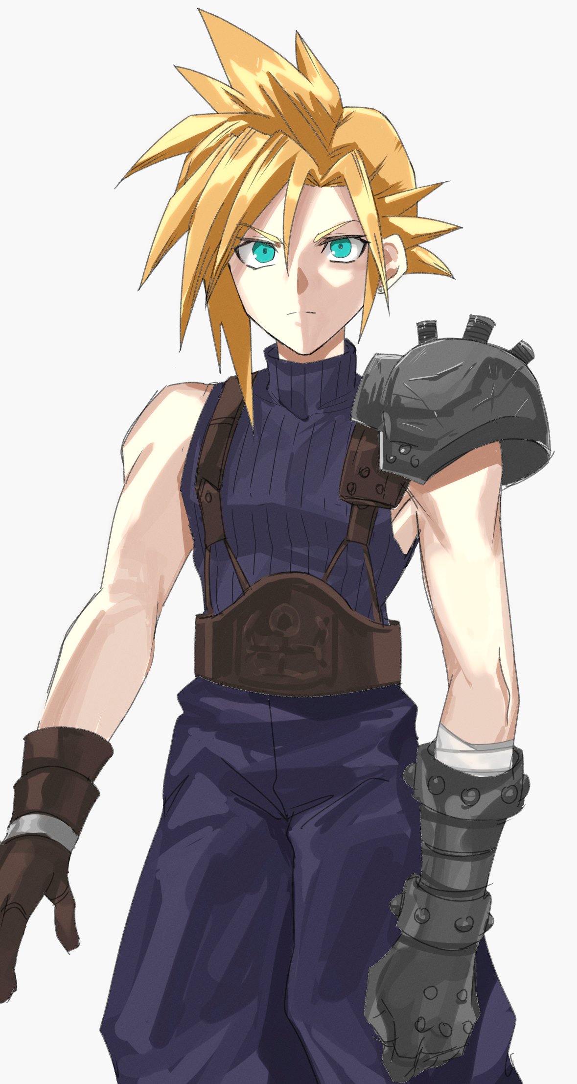 1boy armor bandaged_arm bandages belt blonde_hair blue_eyes blue_pants blue_sweater brown_gloves clenched_hand cloud_strife earrings final_fantasy final_fantasy_vii gloves grey_background highres jewelry keiseki1 leather_belt looking_at_viewer male_focus pants pauldrons puffy_pants serious short_hair shoulder_armor simple_background single_bracer single_pauldron sleeveless sleeveless_turtleneck solo spiked_pauldrons spiky_hair stud_earrings suspenders sweater turtleneck upper_body