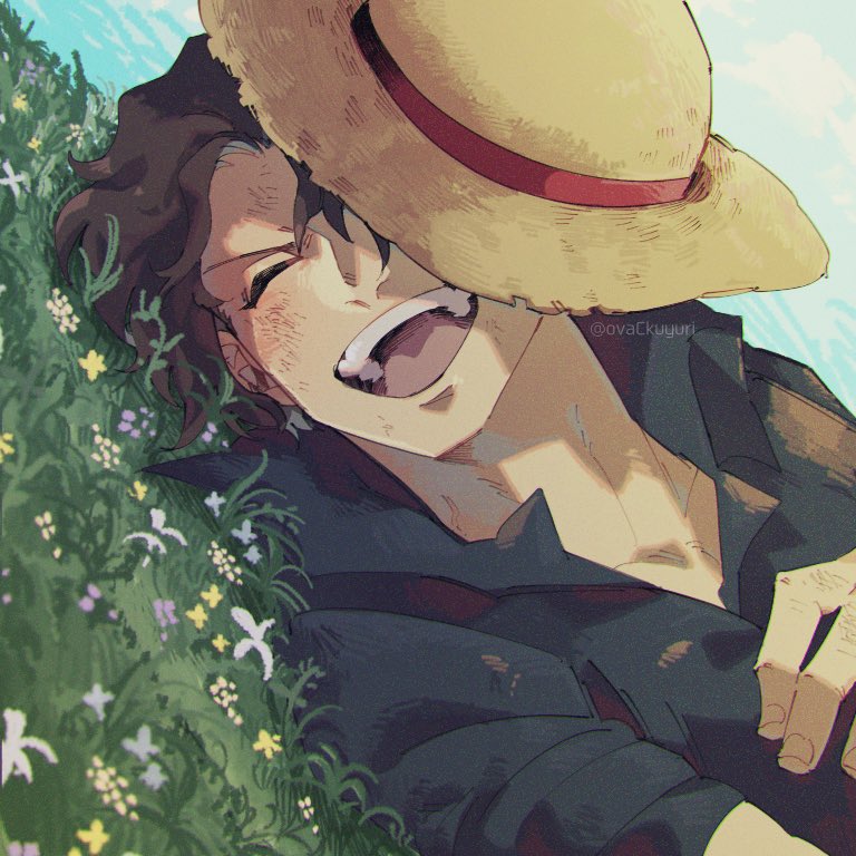 1boy ^_^ black_shirt close-up closed_eyes clouds collared_shirt commentary_request gol_d._roger hat lying male_focus on_grass one_piece open_mouth ovasayuri shirt short_hair sky smile straw_hat twitter_username