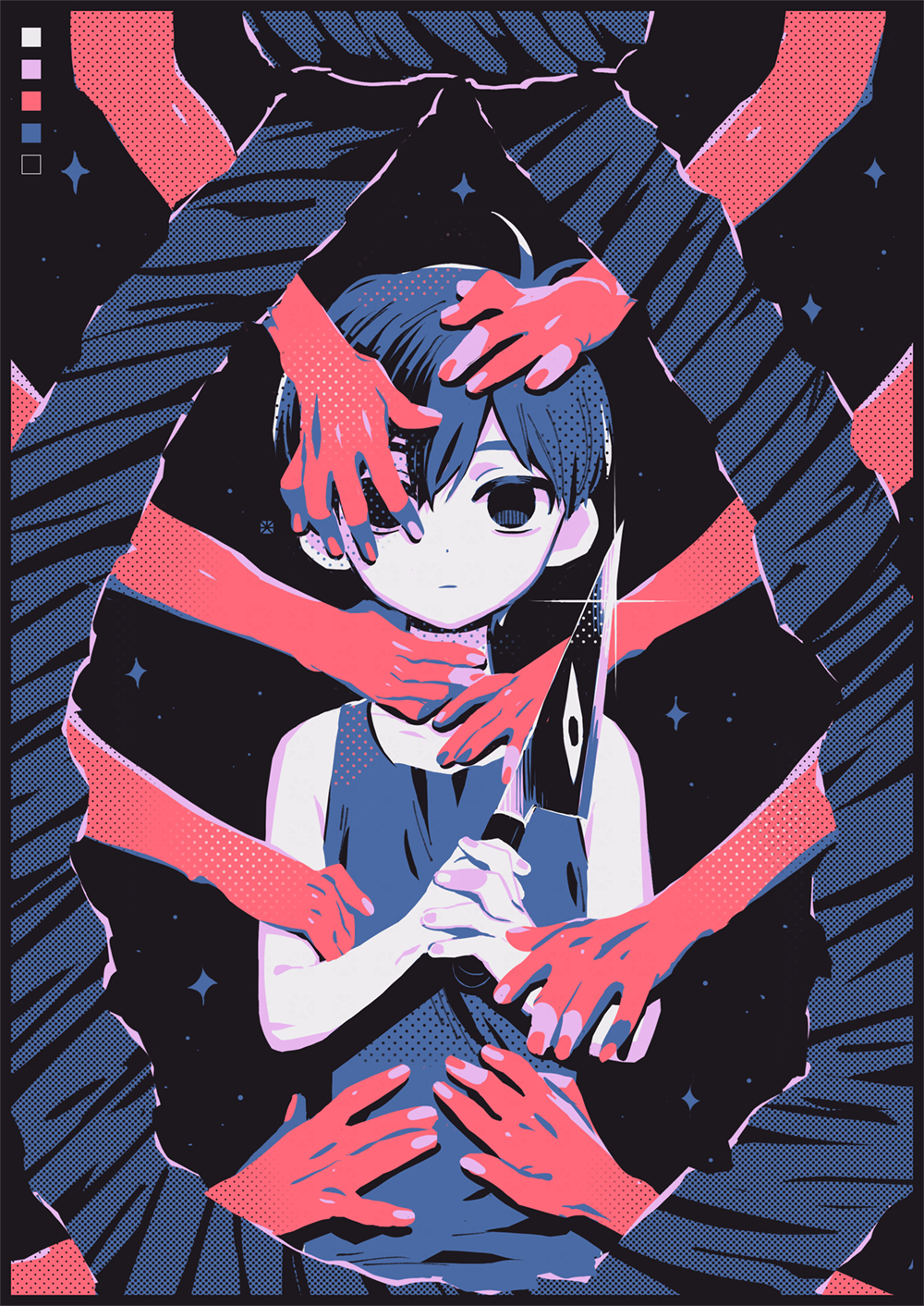 1boy :| antenna_hair bare_arms bare_shoulders black_background black_border black_eyes black_hair black_tank_top border closed_mouth collarbone color_guide colored_skin expressionless ghost_hands glint highres holding holding_knife knife limited_palette looking_at_viewer male_focus noose omori omori_(omori) own_hands_clasped own_hands_together reflective_weapon rope short_hair simple_background solo something_(omori) sparkle straight-on tank_top toastytoast white_skin