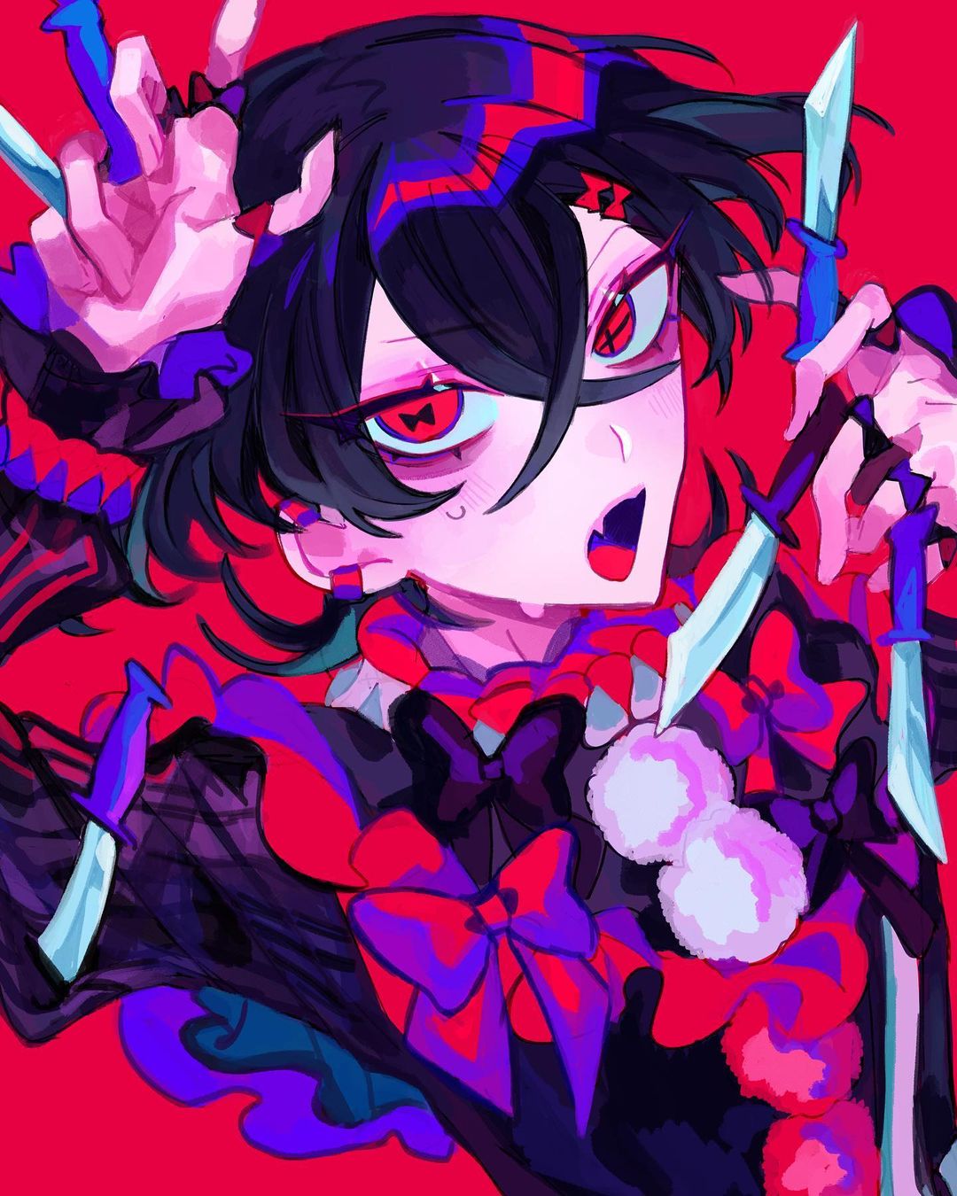 1boy arm_up between_fingers black_bow black_hair black_shirt bow crossed_bangs fang frilled_sleeves frills hair_bow highres himanemuitoma holding holding_knife knife knives_between_fingers long_sleeves looking_at_viewer medium_hair mismatched_pupils neck_ruff open_mouth original pom_pom_(clothes) ras_(himanemuitoma) red_background red_bow red_eyes red_pom_poms red_trim shirt skin_fang solo striped_clothes striped_sleeves sweat symbol-shaped_pupils tongue upper_body v-shaped_eyebrows vertical-striped_clothes vertical-striped_sleeves white_pom_poms
