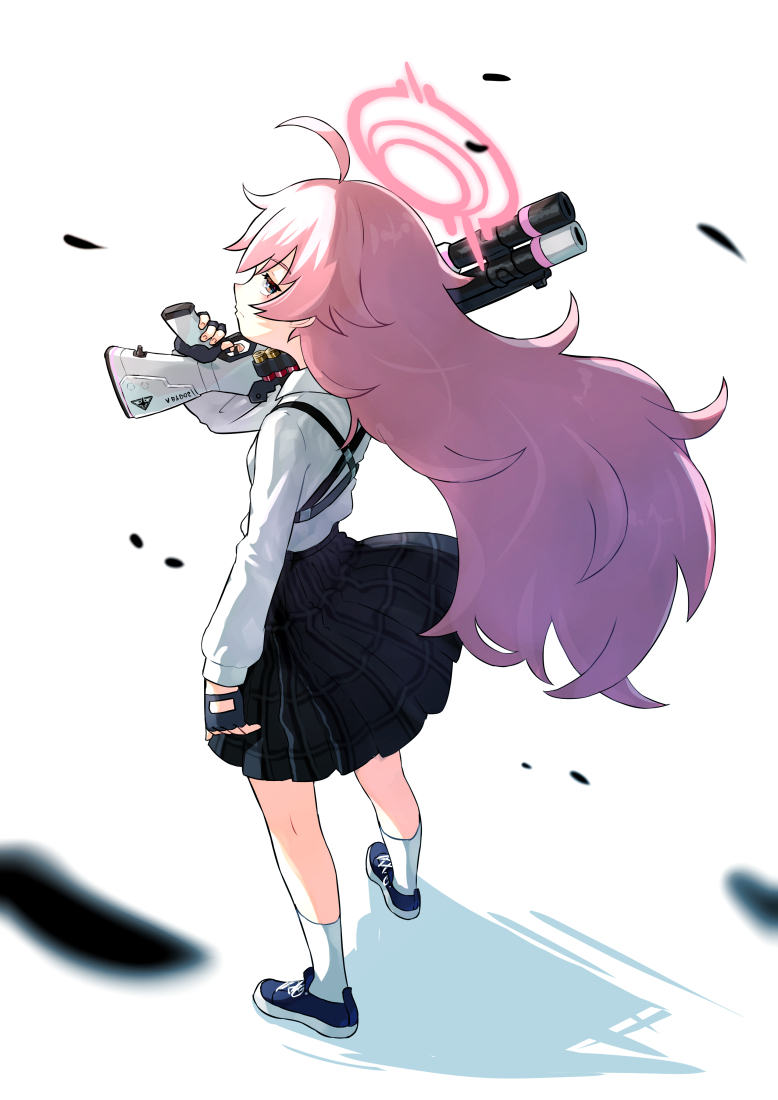 1girl ahoge black_footwear black_skirt blue_archive blush closed_mouth full_body gun halo hashiro holding holding_gun holding_weapon hoshino_(blue_archive) long_hair long_sleeves pink_hair pink_halo pleated_skirt revision shirt shoes simple_background skirt socks solo weapon white_background white_shirt white_socks yellow_eyes