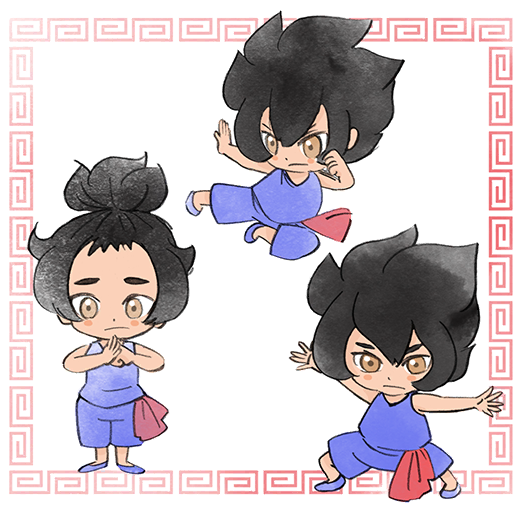 1boy black_hair blue_footwear blue_pants blue_shirt child fighting_stance looking_at_viewer martial_arts multiple_views official_art pants shirt takeuchi_kou third-party_source topknot warioware warioware:_get_it_together! young_cricket