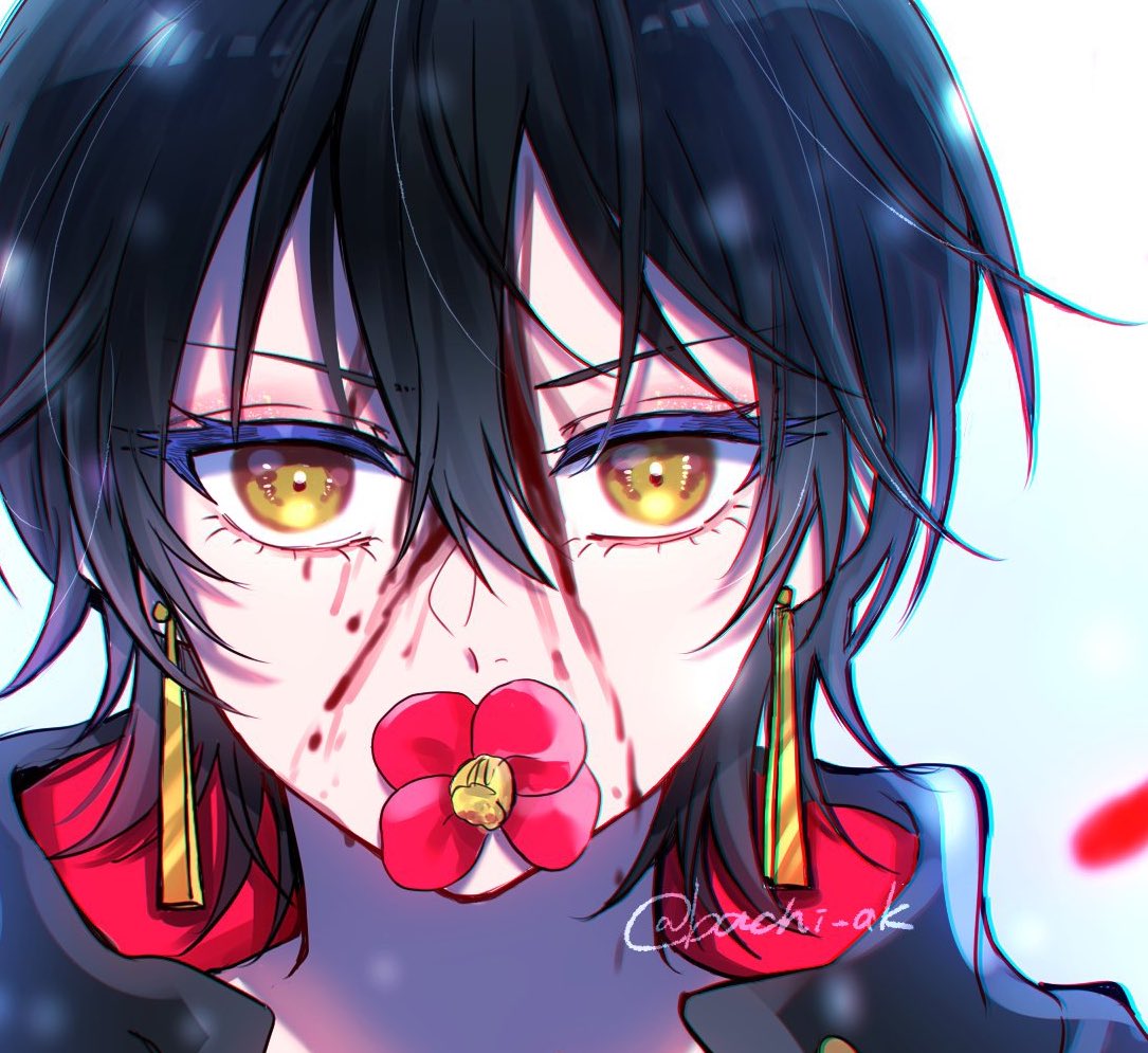 1girl black_hair blood blood_on_face close-up commentary_request earrings flower flower_in_mouth hair_between_eyes hiyuki_(kagurabachi) jewelry kagurabachi looking_back petals red_flower short_hair solo twitter_username yellow_eyes yuzuriha