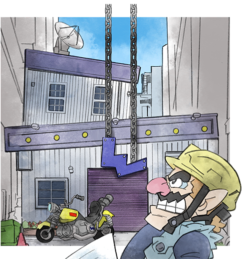 1boy blue_shirt blue_sky brown_hair building clenched_teeth facial_hair from_side hard_hat helmet looking_up motor_vehicle motorcycle mustache official_art pointy_ears satellite_dish shirt sky takeuchi_kou teeth thick_eyebrows third-party_source wario warioware warioware:_get_it_together!