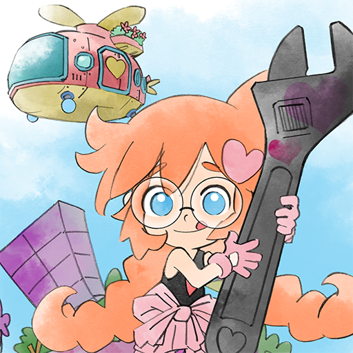1girl aircraft blue_eyes blue_sky clothes_around_waist glasses gloves hair_ornament heart heart_hair_ornament helicopter holding holding_wrench looking_at_viewer official_art orange_hair penny_crygor pink_gloves sky takeuchi_kou third-party_source tongue tongue_out twintails warioware warioware:_get_it_together! wrench
