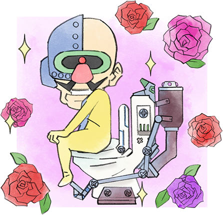 1boy cyborg dr._crygor facial_hair flower jumpsuit looking_at_viewer lowres mustache official_art on_toilet pink_flower pink_rose purple_flower purple_rose red_flower red_rose rose smirk sparkle takeuchi_kou third-party_source toilet warioware warioware:_get_it_together! yellow_jumpsuit