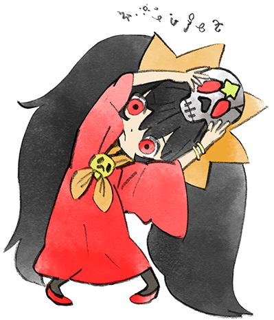 1girl ashley_(warioware) black_hair dress hair_ornament holding holding_skull long_hair looking_at_viewer lowres official_art red_dress red_eyes red_footwear serious skull skull_ornament star_(symbol) takeuchi_kou third-party_source twintails warioware warioware:_get_it_together!