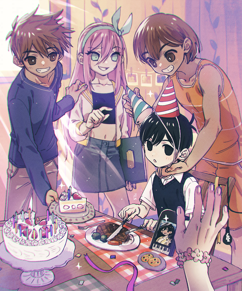 1girl 3boys :o antenna_hair aqua_eyes aqua_hairband aubrey_(faraway)_(omori) aubrey_(omori) bare_shoulders birthday birthday_cake birthday_party black_eyes black_hair black_vest blue_shirt blue_skirt book bow_hairband bracelet bright_pupils brown_eyes brown_hair cake cake_slice cake_stand chair chromatic_aberration collarbone collared_shirt commentary_request confetti cookie crop_top day flower_bracelet food fork from_side grin hair_between_eyes hairband hand_on_another's_shoulder hat hero_(faraway)_(omori) hero_(omori) highres holding holding_book holding_fork holding_knife holding_plate indoors jacket jewelry kel_(faraway)_(omori) kel_(omori) knife light_rays long_hair mari_(omori) multiple_boys navel no_pupils omori on_chair open_clothes open_jacket orange_tank_top out_of_frame party party_hat pink_hair plate putting_on_headwear shirt short_hair sitting skirt smile sparkle standing steak sunny_(omori) table tablecloth tank_top toastytoast vest white_jacket white_pupils white_shirt