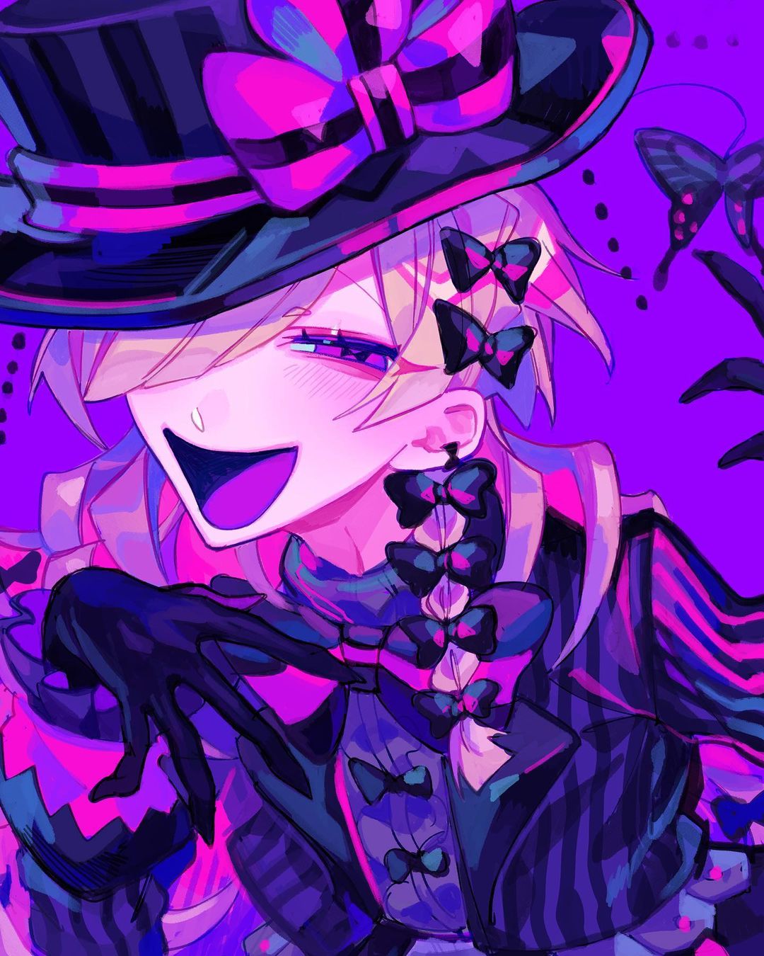1boy black_bow black_coat black_gloves black_headwear black_shirt black_suit blonde_hair bow braid bug butterfly coat colored_tongue currant_(himanemuitoma) frilled_sleeves frills gloves hair_bow hair_over_one_eye hat highres himanemuitoma long_hair long_sleeves multiple_hair_bows narrowed_eyes one_eye_covered open_clothes open_coat open_mouth original pink_bow purple_background purple_theme purple_tongue shirt side_braid single_braid smile solo striped_bow striped_clothes striped_coat suit tongue top_hat turtleneck upper_body vertical-striped_clothes vertical-striped_coat violet_eyes