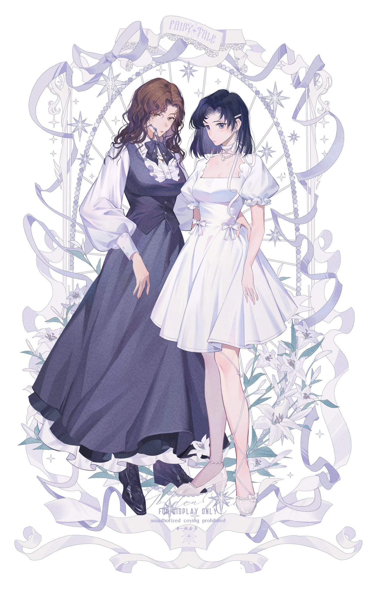 2girls arm_around_waist artist_name black_bow black_bowtie black_footwear black_hair black_skirt black_vest bow bowtie braces breasts brown_eyes brown_hair center_frills collared_shirt curly_hair dress dress_ribbon dress_shirt flower frills full_body hand_on_another's_hip highres leg_ribbon lily_(flower) long_hair long_skirt long_sleeves looking_at_viewer medium_dress medium_hair multiple_girls neck_ribbon puffy_long_sleeves puffy_short_sleeves puffy_sleeves randstrawberry reverse:1999 ribbon shirt short_sleeves skirt standing tooth_fairy_(reverse:1999) vest waistcoat white_background white_dress white_flower white_footwear white_ribbon white_shirt z_(reverse:1999)