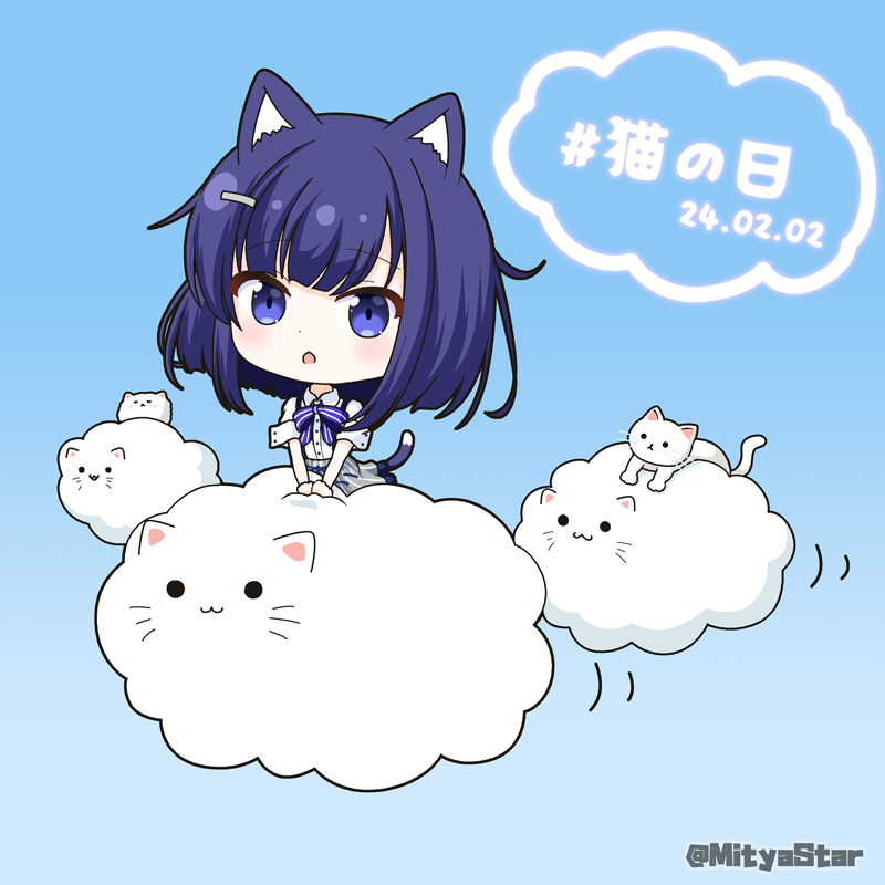 1girl :o angora_rabbit animal animal_ears blue_background blue_eyes bow cat cat_day cat_ears cat_girl cat_tail chibi clouds collared_shirt commentary dated duplicate frilled_skirt frills fuiba_fuyu gochuumon_wa_usagi_desu_ka? gradient_background grey_skirt hair_ornament hairclip kemonomimi_mode looking_at_viewer mitya parted_lips pixel-perfect_duplicate purple_bow purple_hair rabbit shirt short_sleeves skirt solo striped_bow striped_clothes striped_skirt tail tippy_(gochiusa) translated twitter_username vertical-striped_clothes vertical-striped_skirt white_cat white_shirt