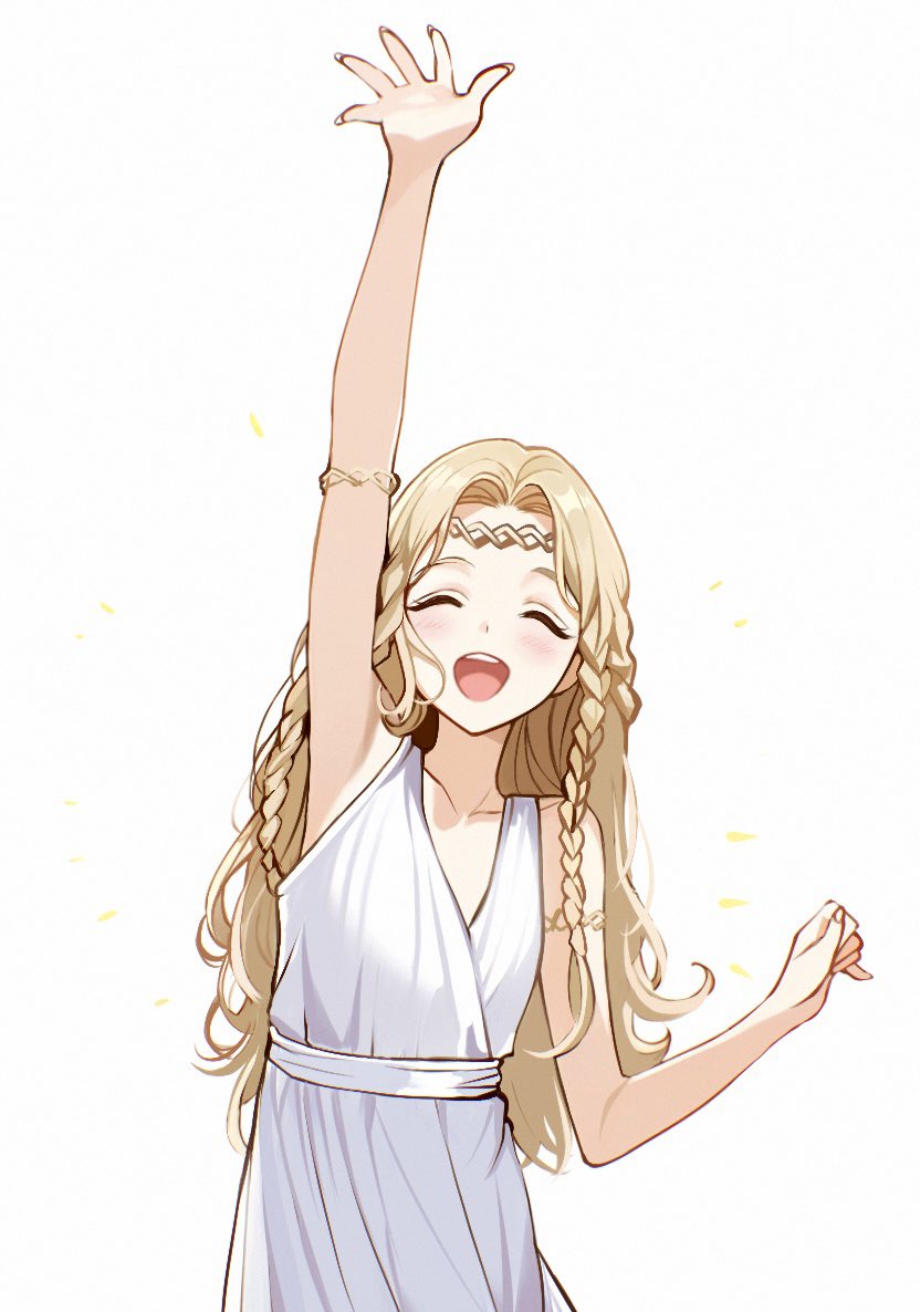 1boy arm_up armlet armpits ateoyh bare_shoulders blonde_hair braid closed_eyes collarbone commentary_request dress elden_ring facing_viewer hand_up happy long_hair miquella_(elden_ring) otoko_no_ko simple_background sleeveless sleeveless_dress solo sparkle teeth upper_teeth_only white_background white_dress