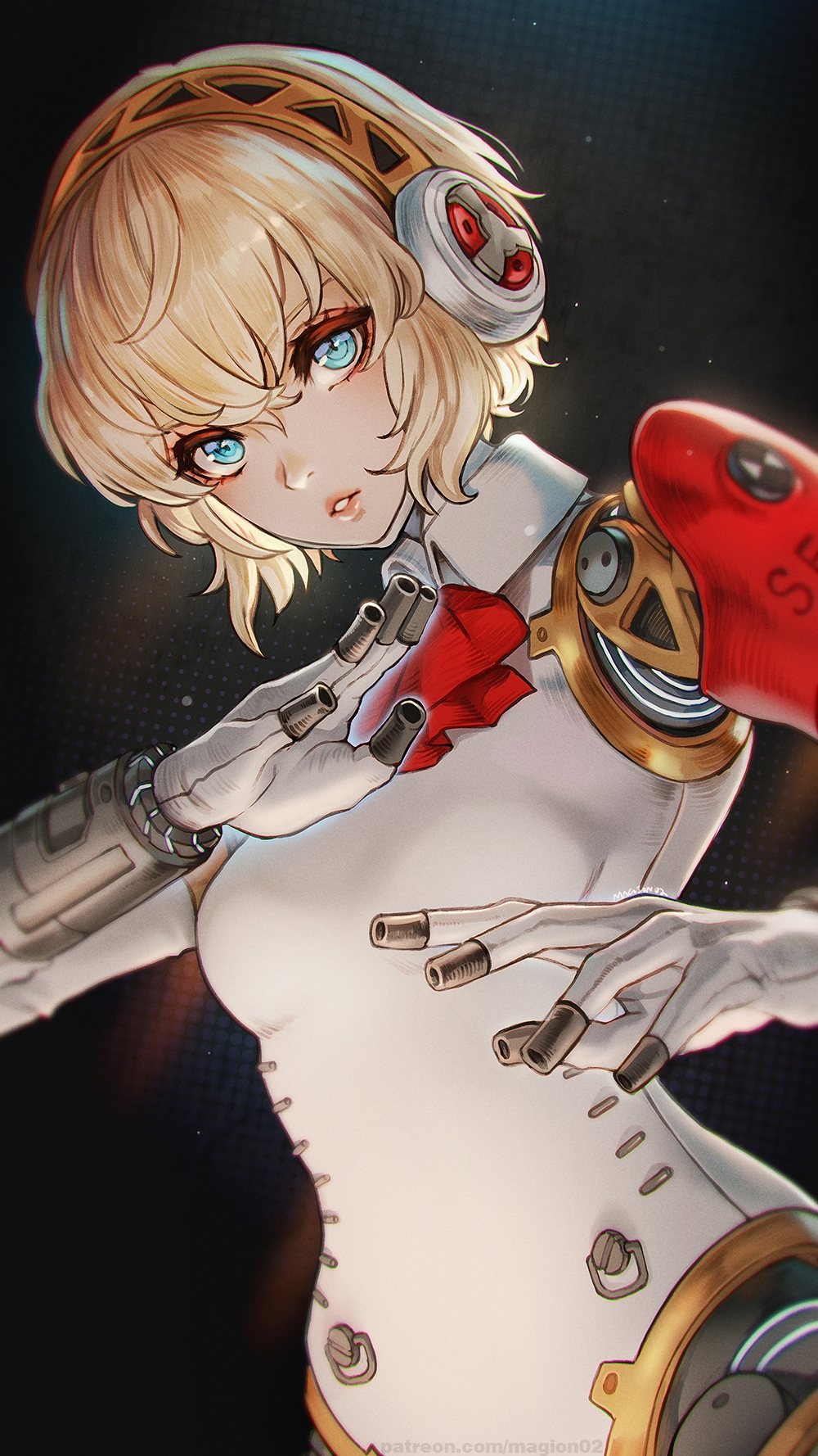 1girl aegis_(persona) android blonde_hair blue_eyes finger_cannon hairband headphones highres joints looking_at_viewer magion02 persona persona_3 persona_3_reload robot_joints short_hair solo