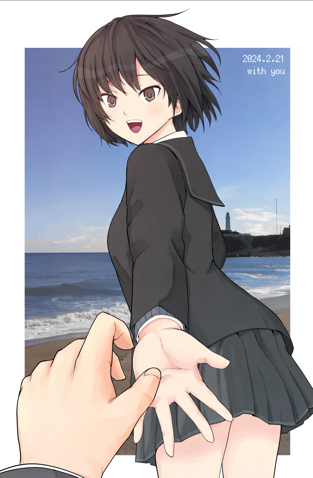 1boy 1girl :d amagami beach black_hair black_jacket black_sailor_collar black_skirt blazer blue_sky border breasts brown_eyes clouds collared_shirt commentary cowboy_shot dated dress_shirt english_commentary english_text grey_sweater highres imminent_hand_holding jacket kibito_high_school_uniform lighthouse long_sleeves looking_at_viewer looking_back medium_breasts nanasaki_ai open_mouth outside_border outstretched_arm photo_background pleated_skirt pov pov_hands reaching reaching_towards_viewer sailor_collar saitou_shouki sand school_uniform shirt short_hair skirt sky smile solo solo_focus standing sweater tachibana_jun'ichi teeth upper_teeth_only water waves white_border white_shirt