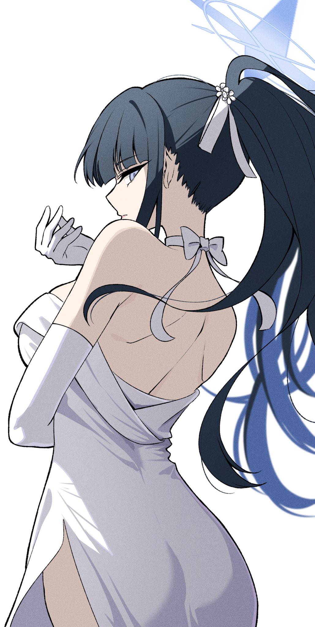 1girl backless_dress backless_outfit bare_shoulders black_hair blue_archive blue_halo bow bowtie colored_inner_hair dio_brando's_pose_(jojo) dress elbow_gloves from_behind gloves halo high_ponytail highres jojo_pose long_hair looking_at_viewer multicolored_hair official_alternate_costume reia_76 saori_(blue_archive) side_slit sleeveless sleeveless_dress white_background white_dress white_gloves