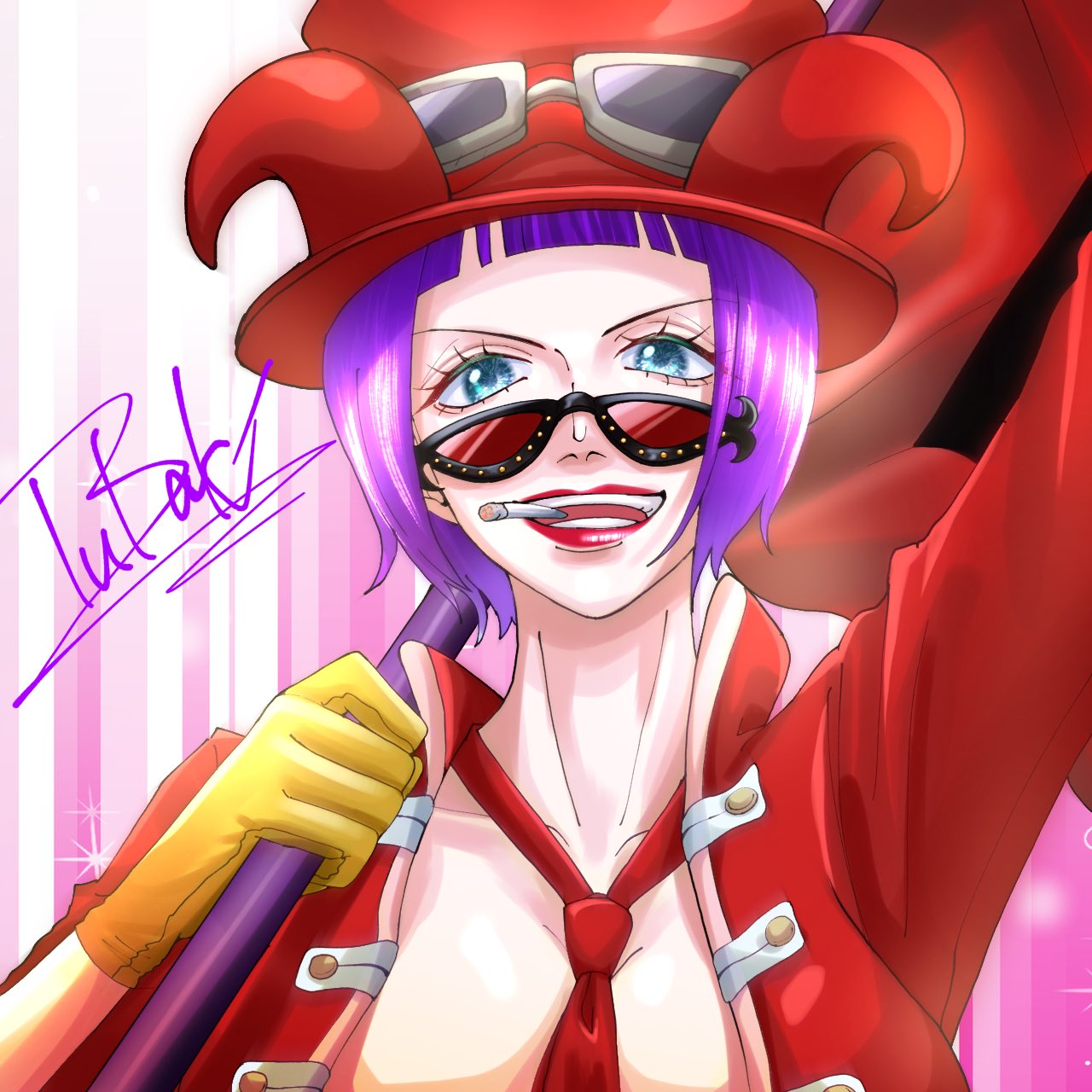 1girl belo_betty blue_eyes bob_cut commentary_request eyewear_on_headwear flag highres holding holding_flag jacket looking_at_viewer necktie one_piece open_clothes open_jacket purple_hair red-tinted_eyewear red_flag red_headwear red_jacket red_lips red_necktie signature smile solo sunglasses tinted_eyewear tubaki_iz0