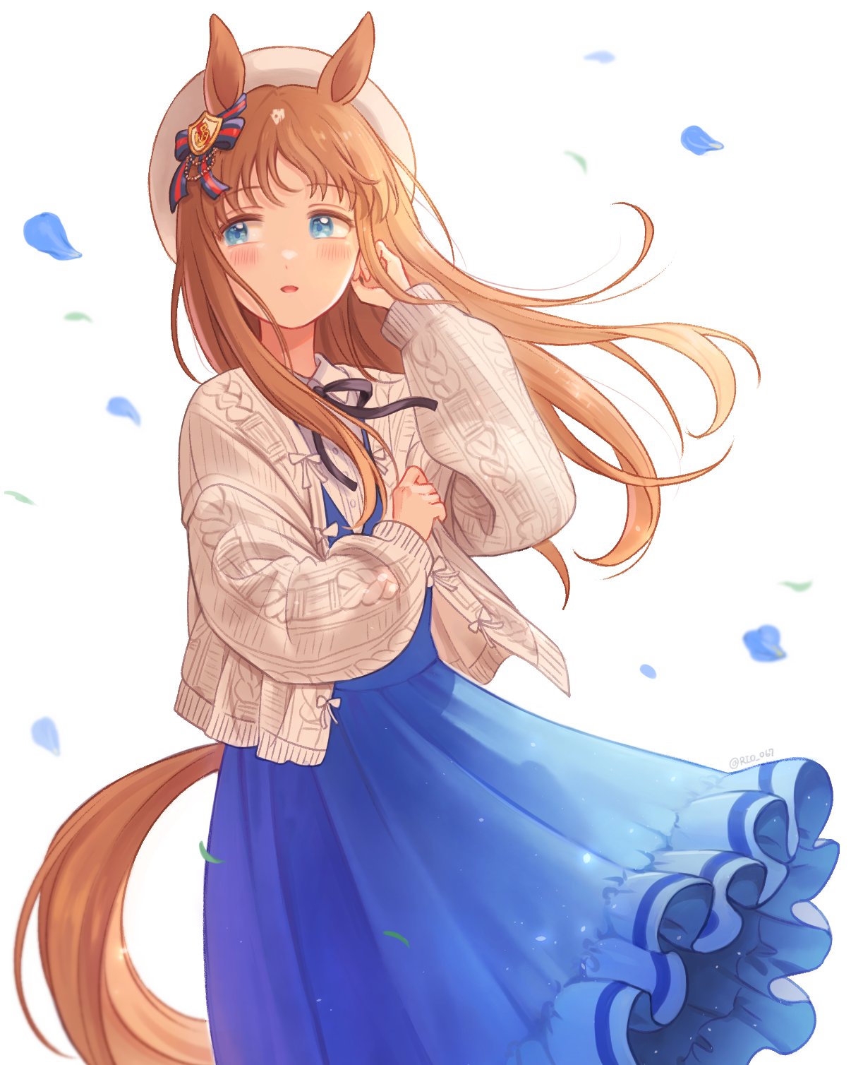 1girl animal_ears beads black_ribbon blue_bow blue_dress blue_eyes bow brown_hair buttons cardigan dress ear_bow falling_leaves falling_petals frilled_dress frills grass_wonder_(umamusume) hand_up highres horse_ears horse_girl horse_tail leaf light_blush light_particles long_hair long_sleeves looking_to_the_side neck_ribbon open_cardigan open_clothes petals red_bow ribbon rio_(rio_067) sidelocks simple_background solo standing tail two-tone_bow umamusume white_background white_cardigan