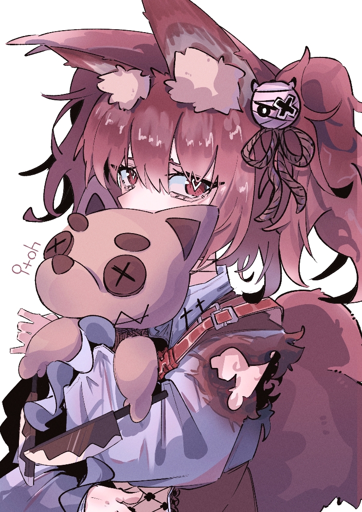 1girl animal_ear_fluff animal_ears arknights artist_name burnt_clothes covering_face cross diamond-shaped_pupils diamond_(shape) fox_ears fox_girl hair_ornament holding holding_stuffed_toy hug hugging_object itoh_yamori knife knot long_sleeves looking_at_viewer medium_hair purple_hair shamare_(arknights) solo strap stuffed_toy stuffed_wolf symbol-shaped_pupils toy_knife twintails upper_body violet_eyes white_background