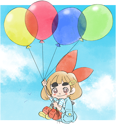 1girl backpack bag balloon blue_sky bow brown_hair child clouds hair_bow hair_ornament hairclip looking_at_viewer lowres lulu_(warioware) official_art pants red_bow red_pants sky smile takeuchi_kou thick_eyebrows third-party_source warioware warioware:_get_it_together! yellow_footwear