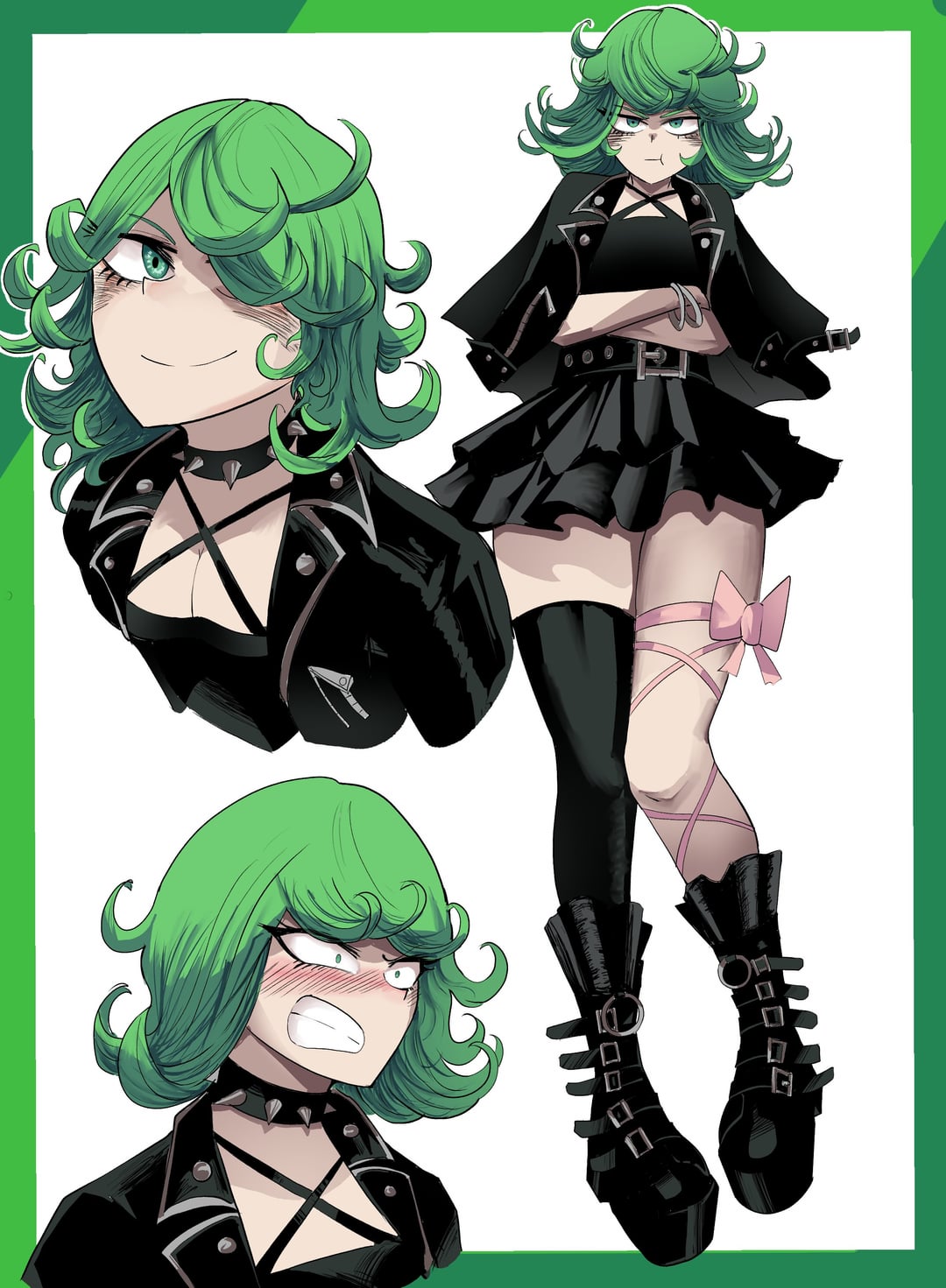 arms_crossed curled_up_hair emerald_eyes footwear full_body gothic green_hair highres jacket leather leather_jacket non-web_source open_clothes open_jacket piercing pink_ribbon punkish ribbon skirt studded thigh-highs white_background