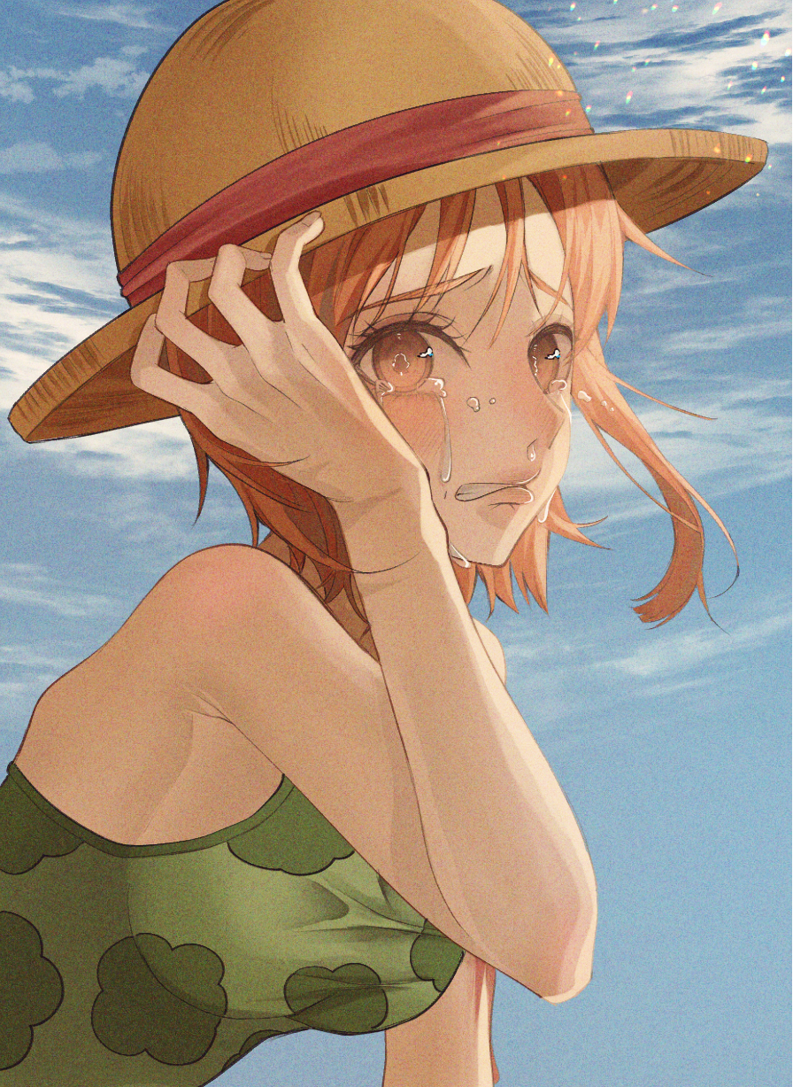 1girl armpit_crease bare_shoulders blood blood_on_arm blue_sky blush breasts clouds cloudy_sky commentary crying green_tank_top hand_on_headwear hand_up hat highres looking_at_viewer medium_breasts micca nami_(one_piece) one_piece orange_eyes orange_hair outdoors parted_lips short_hair single_sidelock sky solo straw_hat tank_top teardrop tears upper_body