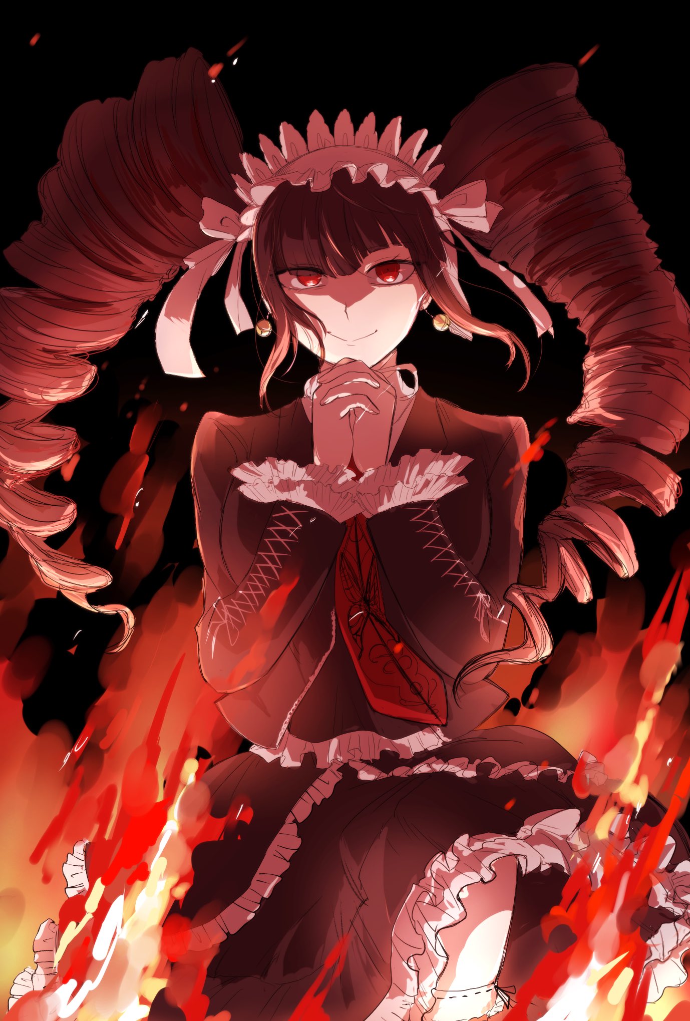 1girl black_background black_jacket black_skirt breasts celestia_ludenberg closed_mouth danganronpa:_trigger_happy_havoc danganronpa_(series) drill_hair earrings fire frilled_skirt frills highres jacket jewelry large_breasts layered_skirt long_sleeves looking_at_viewer momosun_(momoa136gg) necktie open_clothes open_jacket own_hands_clasped own_hands_together print_necktie red_eyes red_necktie skirt smile solo thigh-highs twin_drills twintails