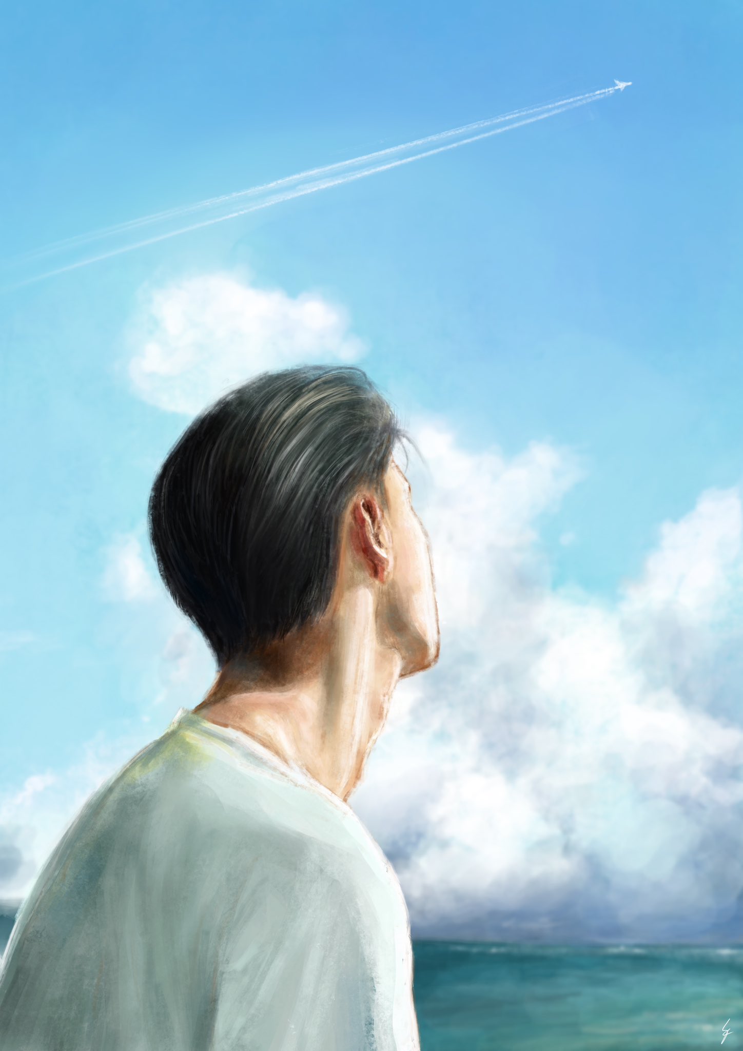 1boy aircraft airplane back back_focus black_hair contrail day highres k05062688 male_focus mito_youhei ocean outdoors pompadour slam_dunk_(series) solo