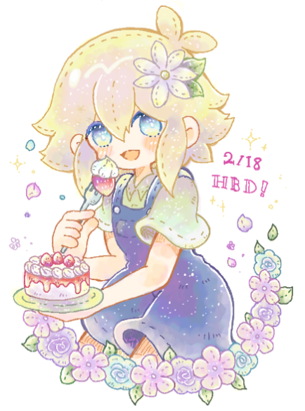 1boy basil_(faraway)_(omori) basil_(omori) blonde_hair blue_eyes blue_overalls blush cake coyura_(coyura_o0) flower food fork hair_flower hair_ornament happy_birthday holding holding_fork holding_plate looking_at_viewer omori open_mouth overall_shorts overalls plate short_hair smile solo