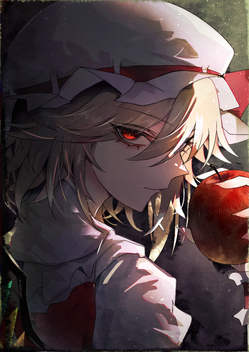 1girl 33_gaff apple black_eyeliner blonde_hair bow commentary crystal expressionless eyelashes eyeliner flandre_scarlet food fruit hair_between_eyes hat hat_bow hat_ribbon highres holding holding_food holding_fruit looking_at_viewer looking_back makeup mob_cap one_side_up puffy_short_sleeves puffy_sleeves red_bow red_eyes red_ribbon red_vest ribbon short_hair short_sleeves side_ponytail solo swept_bangs touhou vest white_headwear wings