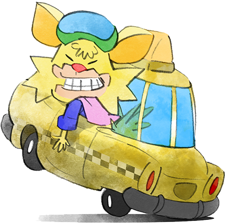 1boy animal_ears cat cat_boy cat_ears cat_tail clenched_teeth fang furry furry_male goggles goggles_on_head lowres official_art open_mouth red_nose spitz tail takeuchi_kou taxi teeth third-party_source warioware warioware:_get_it_together! yellow_fur