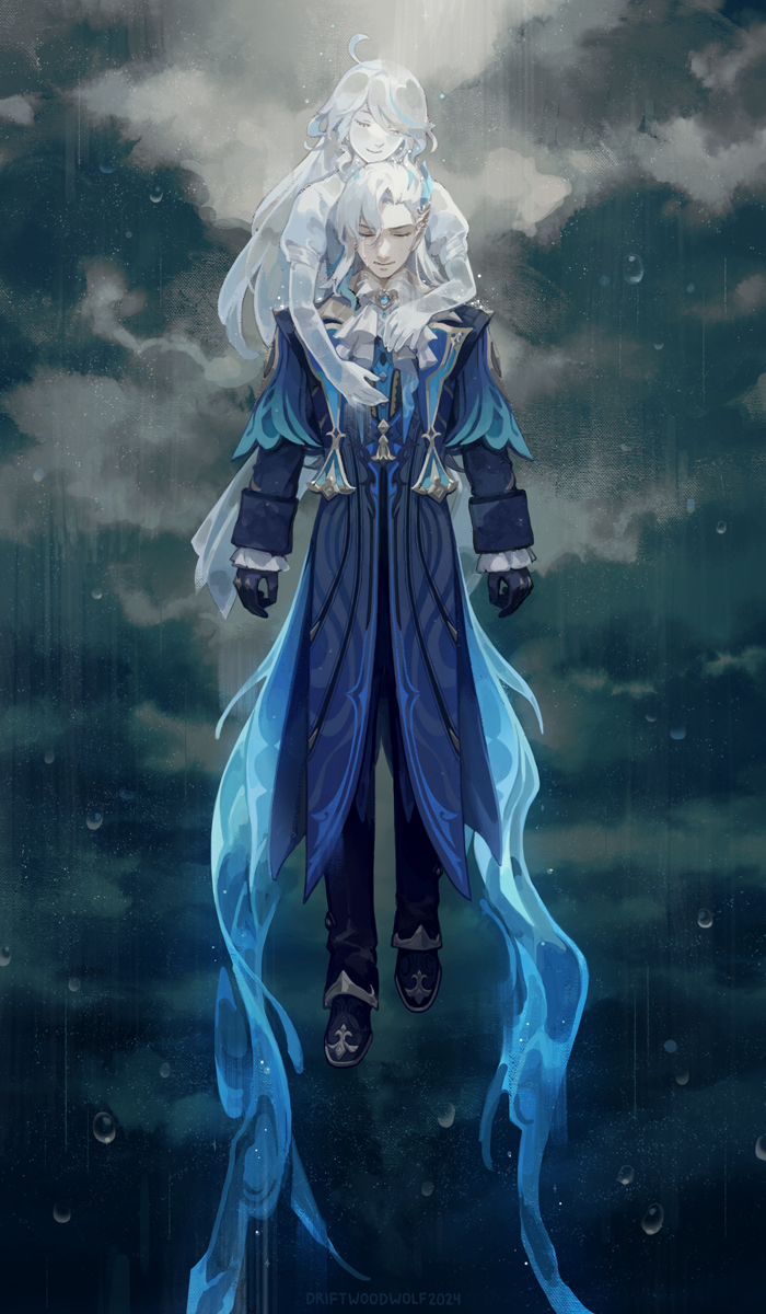 1boy 1girl 2024 ahoge artist_name ascot black_gloves blue_eyes blue_hair closed_eyes closed_mouth clouds cloudy_sky cowlick dress driftwoodwolf feather_hair_ornament feathers focalors_(genshin_impact) genshin_impact ghost gloves hair_between_eyes hair_ornament highres hug hug_from_behind jacket lapels long_hair long_sleeves multicolored_hair neuvillette_(genshin_impact) open_fly pointy_ears rain sky smile streaked_hair tears water_drop white_ascot white_hair