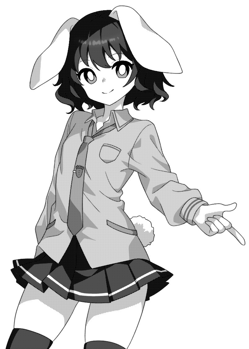 1girl animal_ears breast_pocket bright_pupils closed_mouth collared_shirt cowboy_shot greyscale hair_between_eyes inaba_tewi long_sleeves monochrome necktie onkn_sxkn pleated_skirt pocket rabbit_ears rabbit_tail shirt short_hair simple_background skirt smile solo tail thigh-highs touhou white_background white_pupils