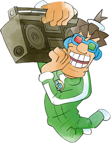 18-volt 1boy boombox brown_hair green_pants green_track_suit heterochromatic_eyewear holding_boombox long_sleeves looking_at_viewer lowres official_art pants takeuchi_kou third-party_source tinted_eyewear track_pants track_suit warioware warioware:_get_it_together!