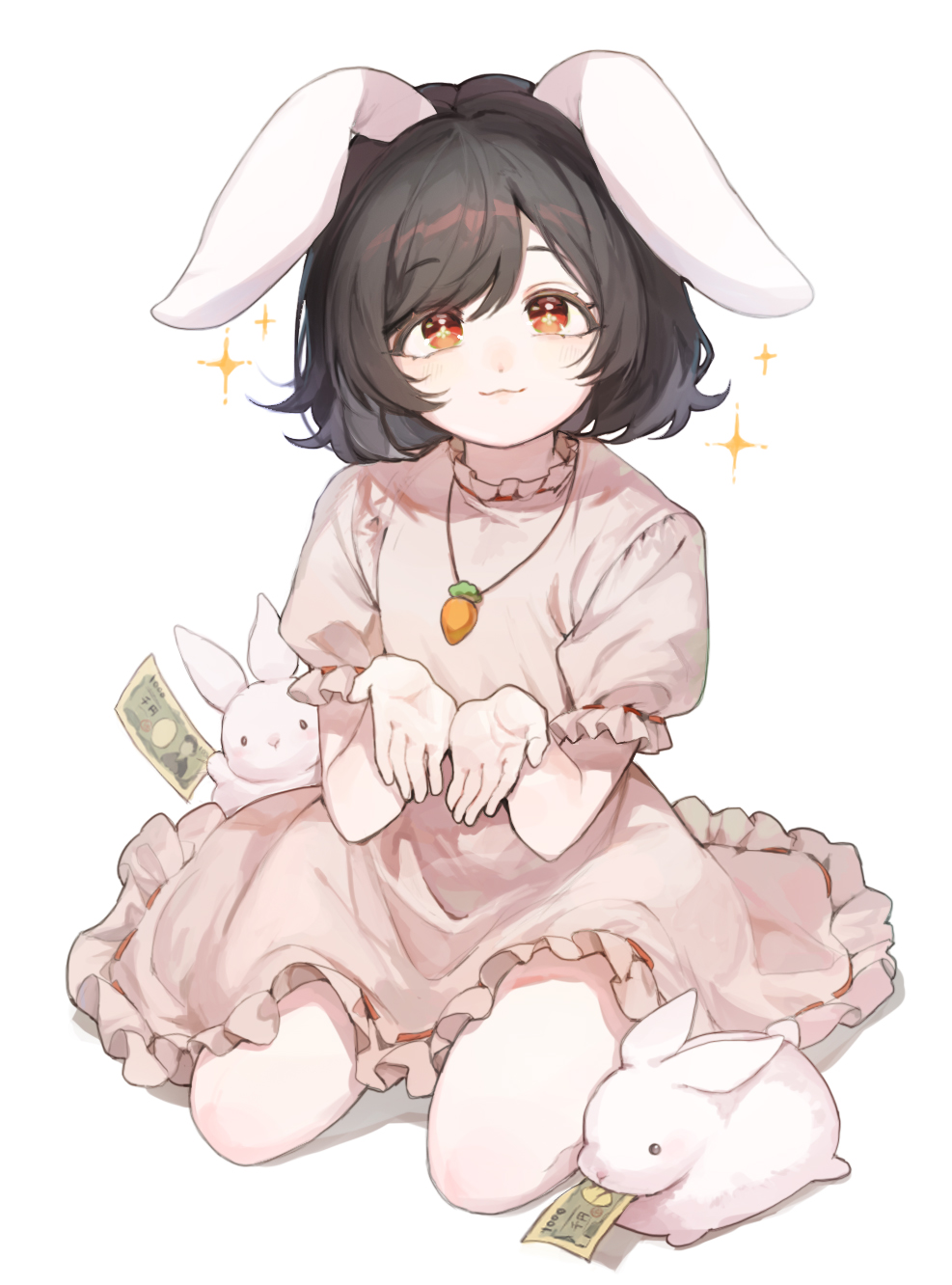 1girl animal animal_ears animal_nose black_eyes black_hair carrot_necklace closed_mouth commentary_request dress flower-shaped_pupils frills hair_between_eyes hands_up highres holding holding_money inaba_mob_(touhou) inaba_tewi jewelry looking_at_viewer money necklace pink_dress puffy_short_sleeves puffy_sleeves rabbit rabbit_ears rabbit_girl rabbit_tail red_eyes sarukana seiza short_hair short_sleeves simple_background sitting smile sparkle symbol-shaped_pupils tail touhou white_background white_fur