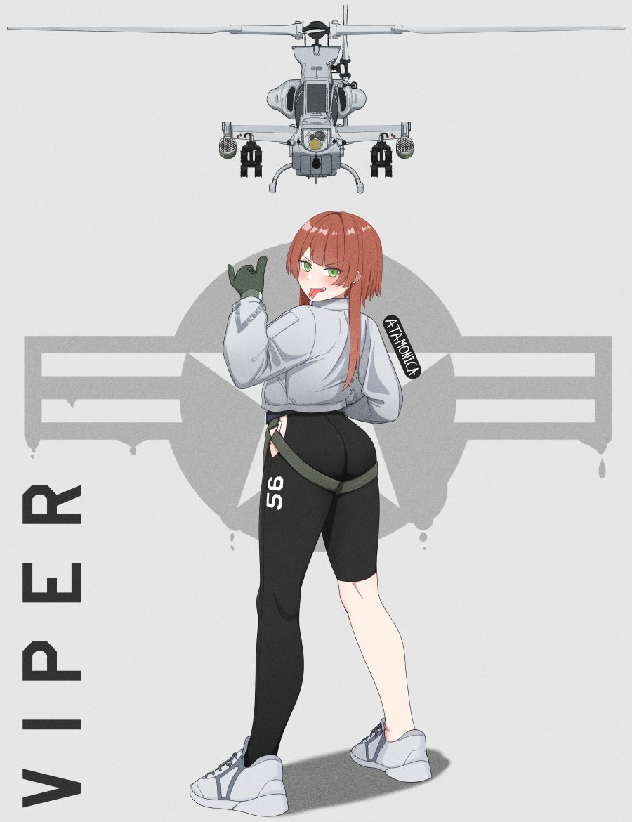 1girl ah-1_cobra aircraft artist_name asymmetrical_legwear atamonica black_pants blush from_behind full_body gloves green_eyes green_gloves grey_background helicopter long_hair long_sleeves looking_at_viewer looking_back original pants shadow shoes sneakers standing tongue tongue_out